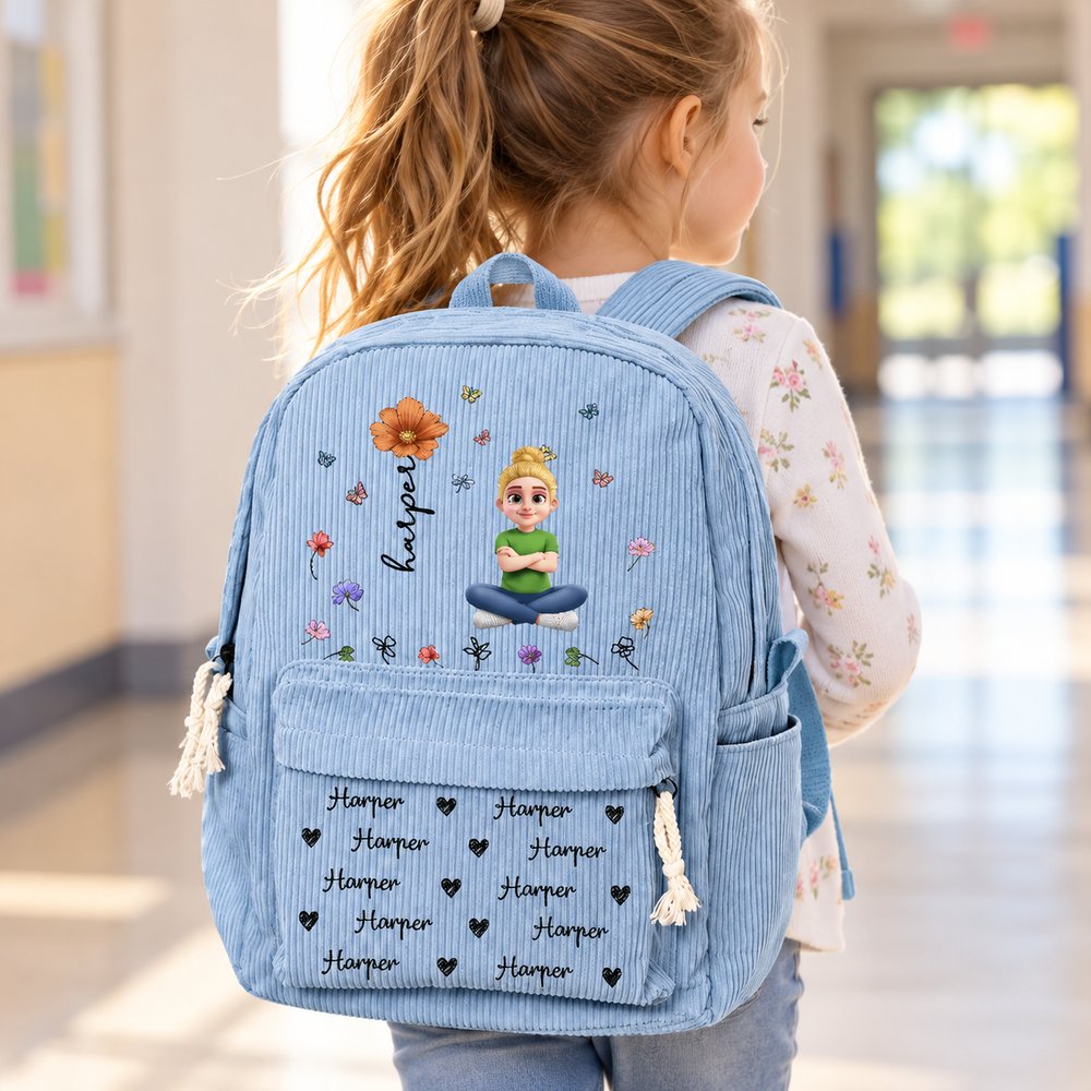 Young girl wearing custom name birth flower corduroy backpack for school