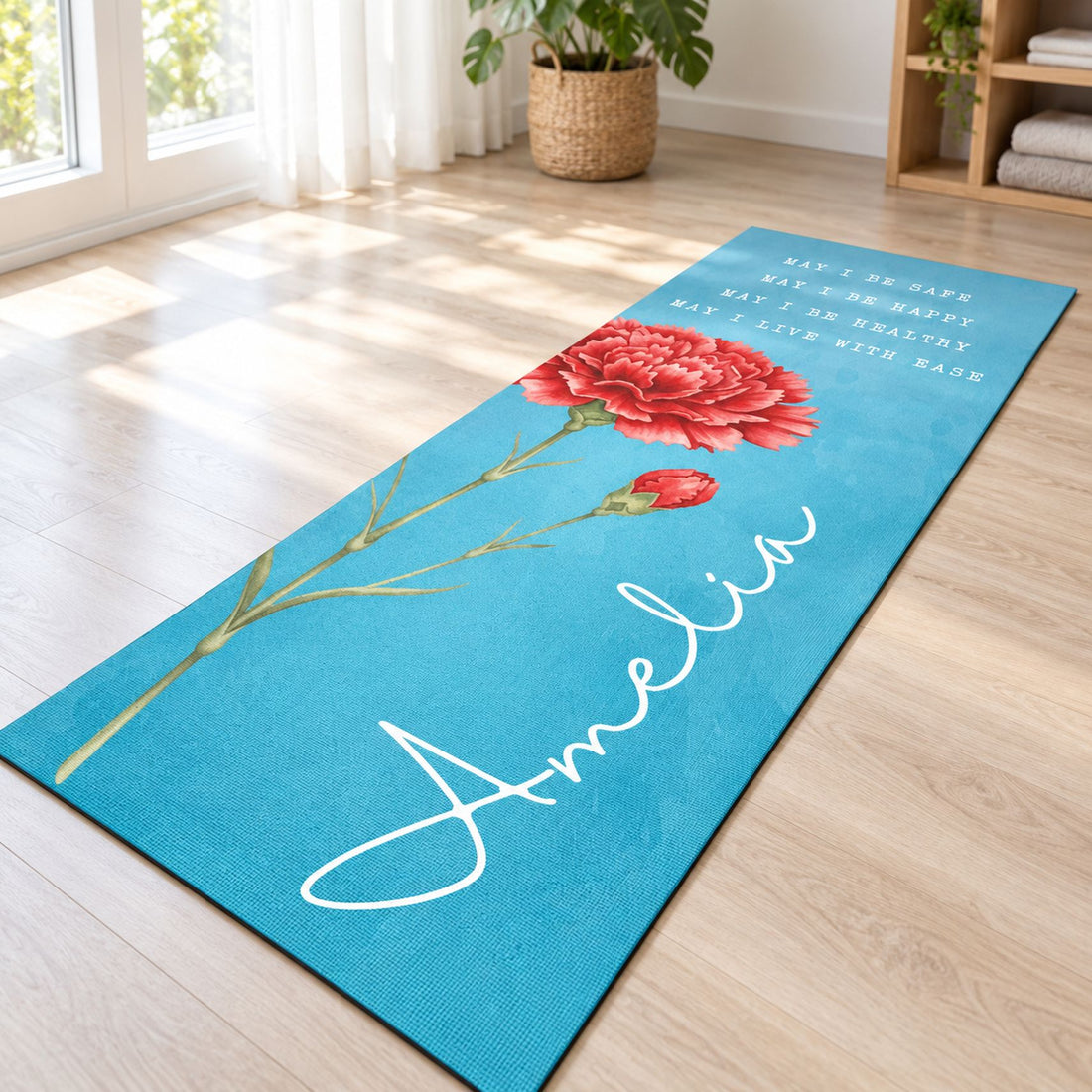 Close-up of personalized birth flower yoga mat print texture and edge