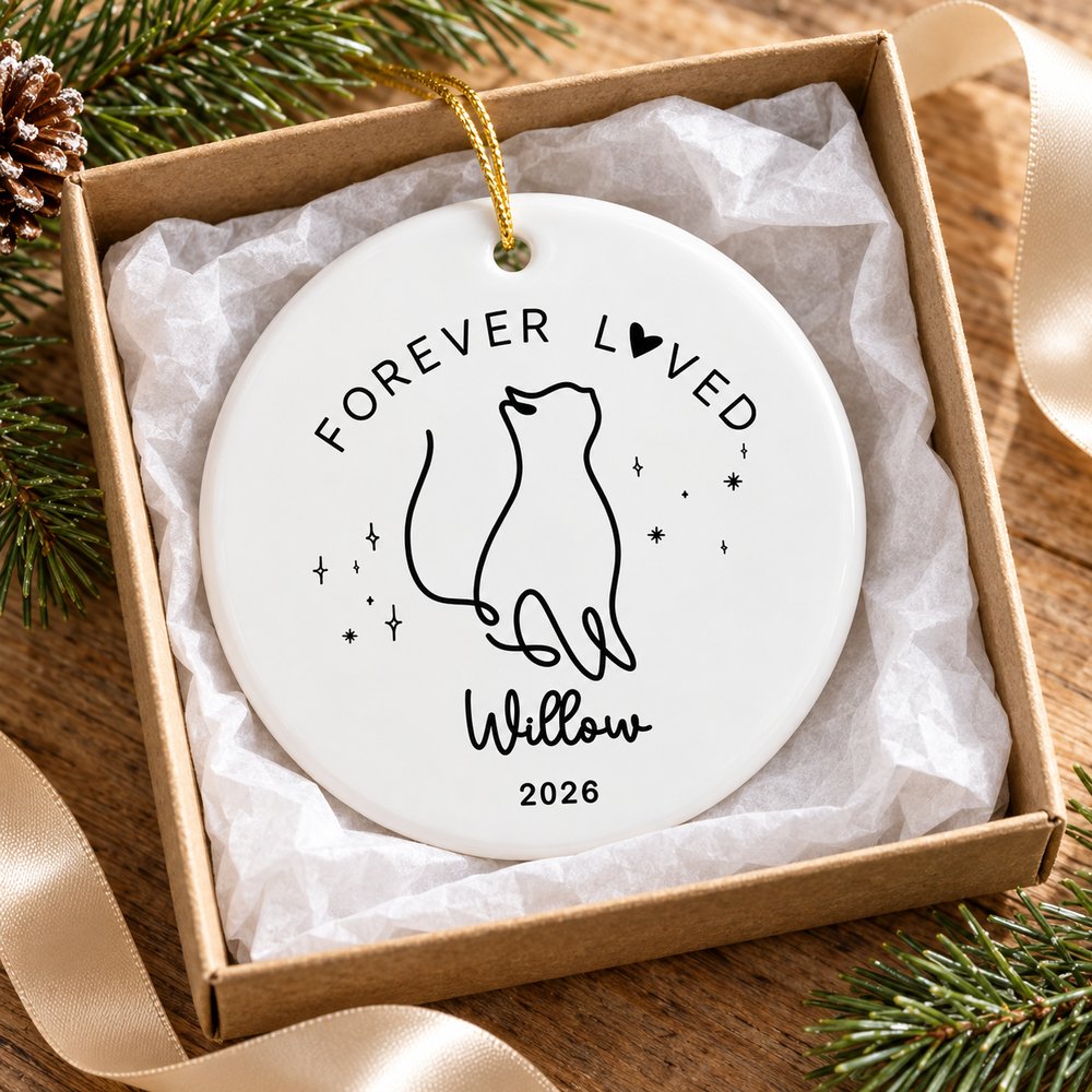 Cat memorial ceramic ornament inside a holiday gift box with tissue paper and pine sprigs