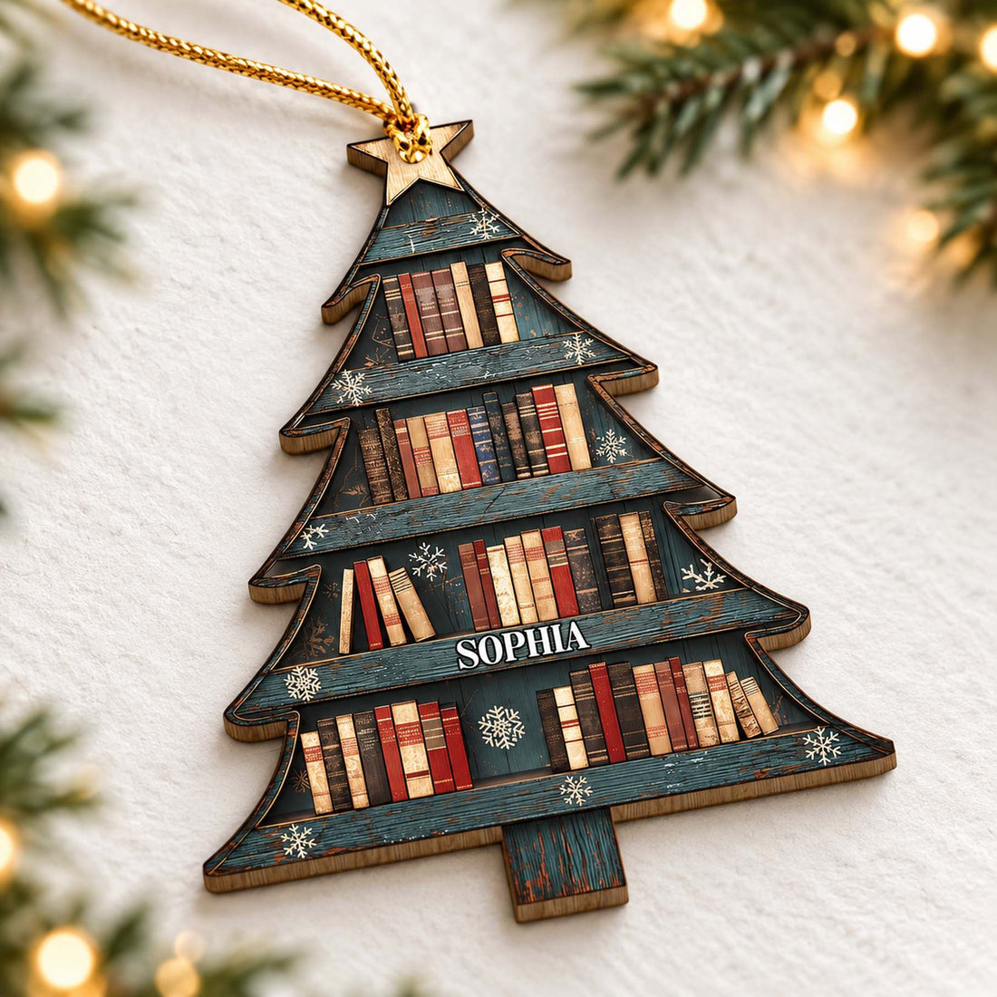 Macro closeup of Custom Name Christmas Book Tree wood ornament showing printed books and SOPHIA