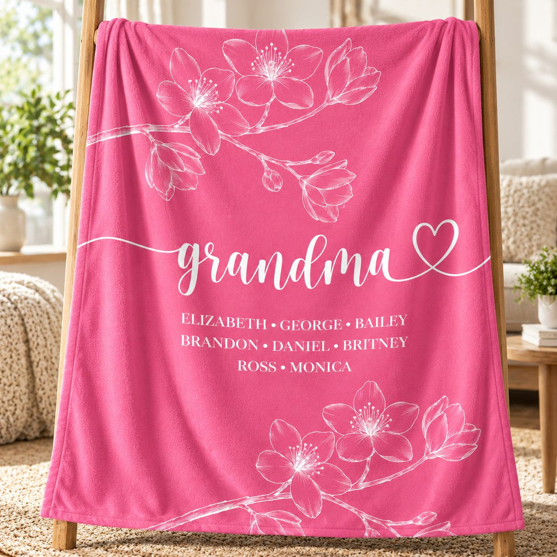 Close-up detail of soft fleece texture and printed floral Grandma design on blanket
