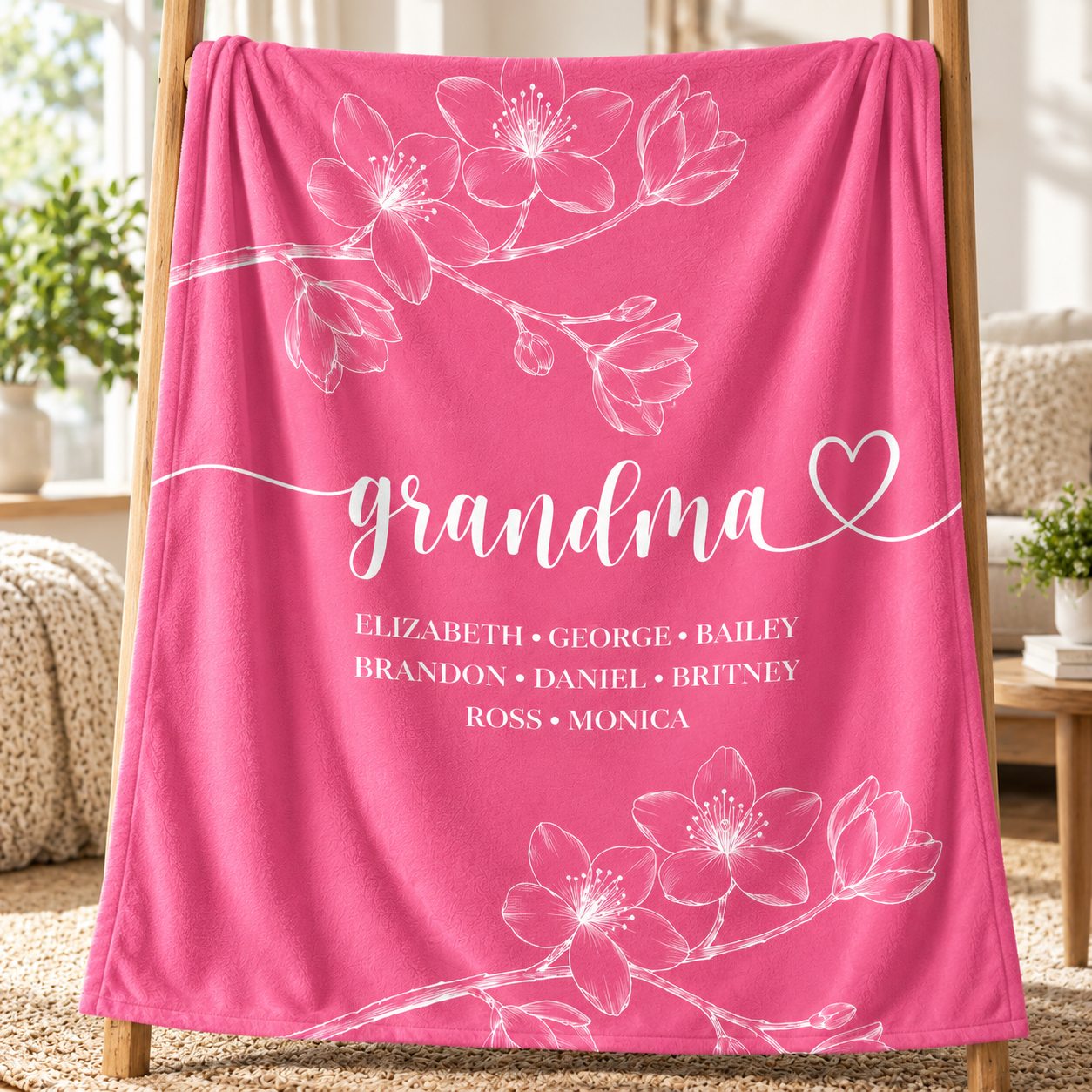 Close-up detail of soft fleece texture and printed floral Grandma design on blanket