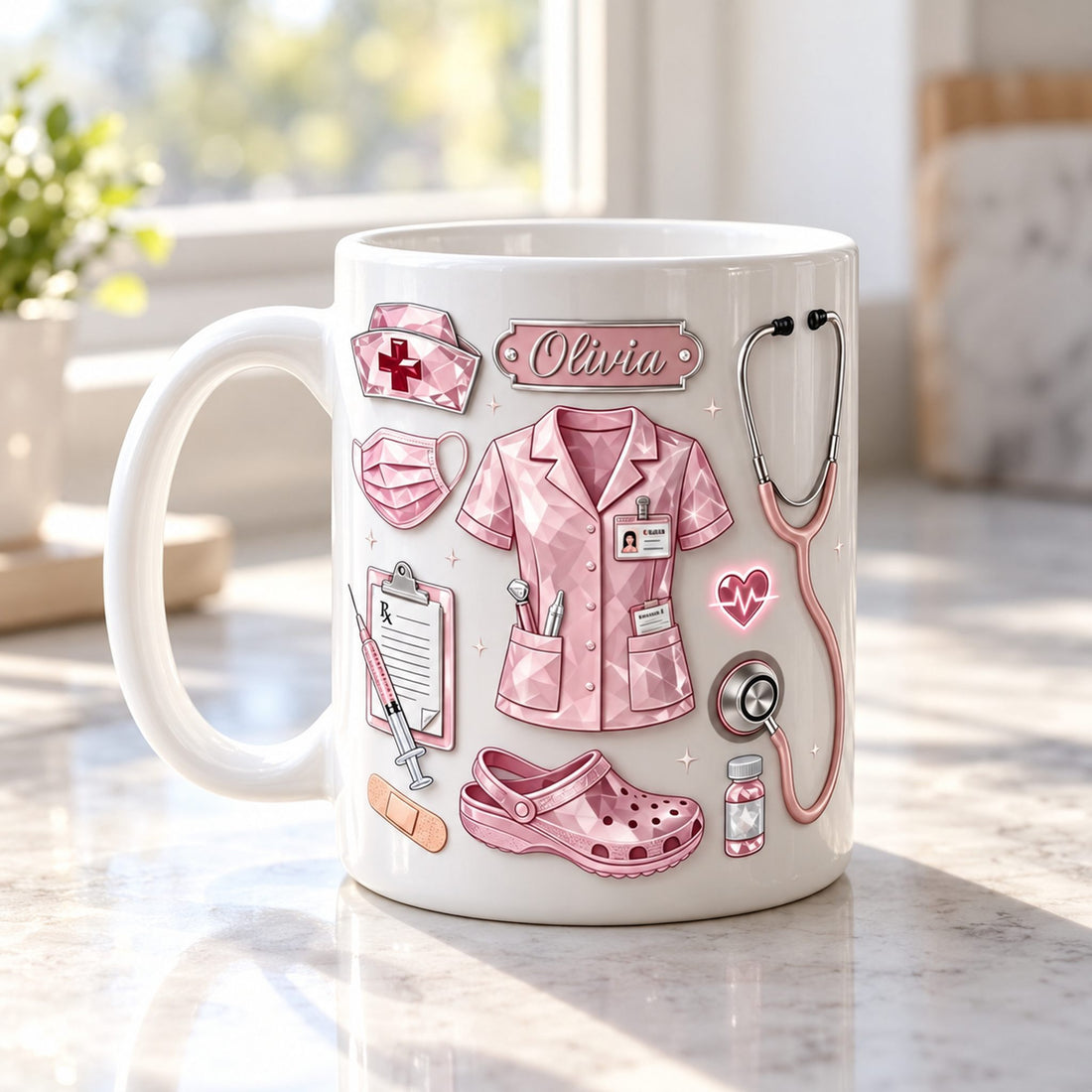 Close up detail of the custom nurse life mug showing glossy ceramic finish and pink print