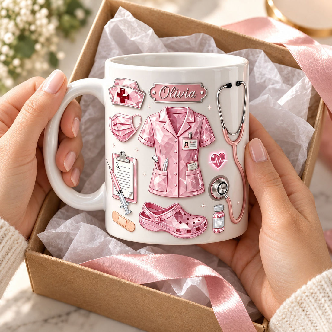 Custom nurse coffee mug being unwrapped from a gift box with white tissue paper and pink ribbon