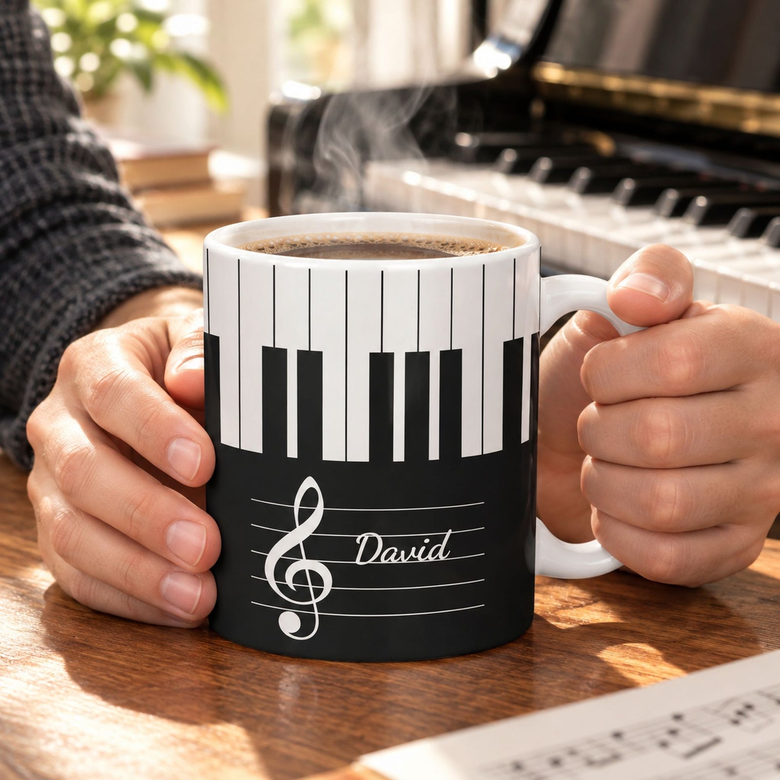 Custom name piano keyboard ceramic mug held by a pianist near a piano with morning coffee