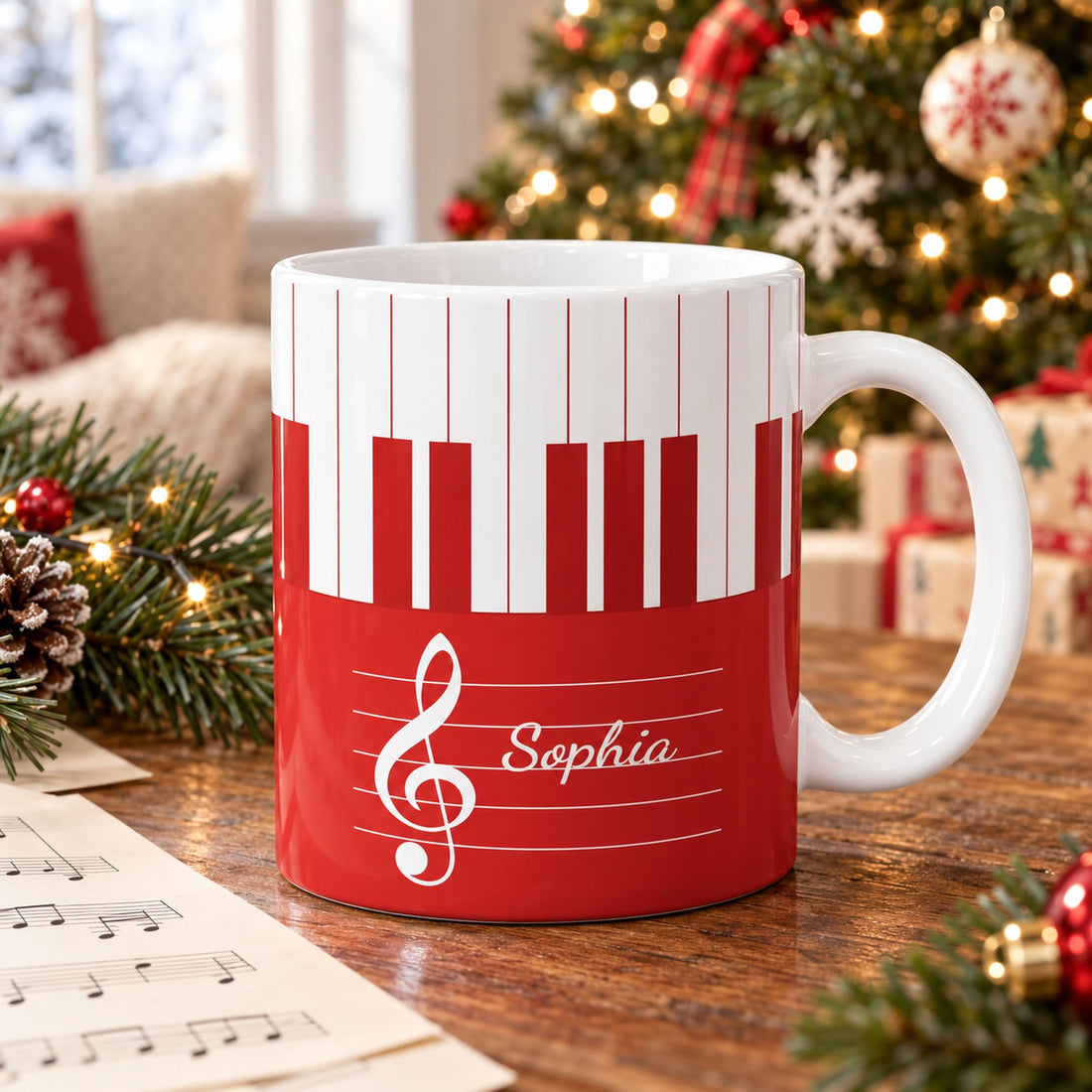 Personalized piano music mug on a holiday table with sheet music and Christmas tree background