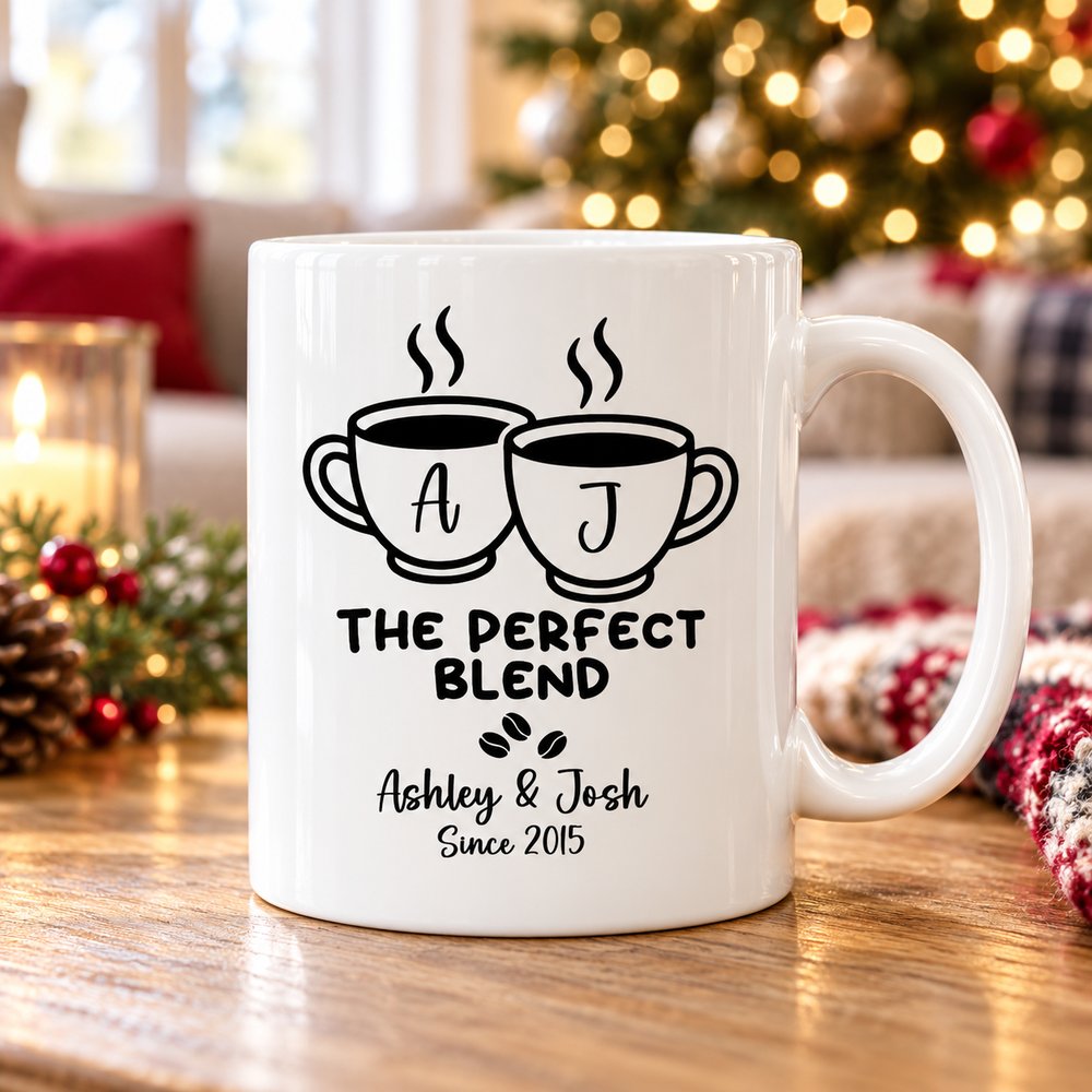 Custom Name The Perfect Blend Couple mug on wooden table by holiday tree