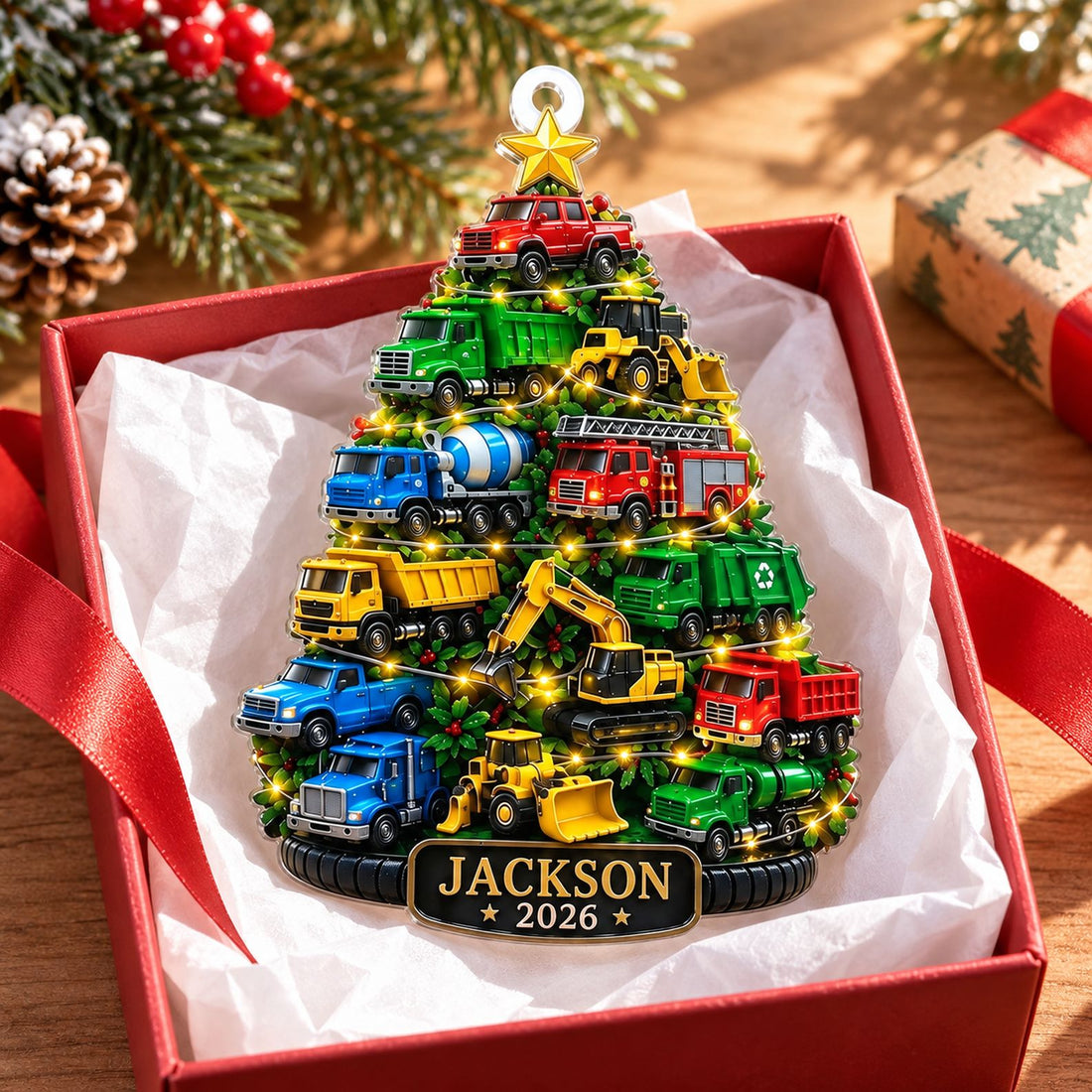 Personalized truck Christmas tree 2D flat acrylic ornament in a holiday gift box with white tissue paper