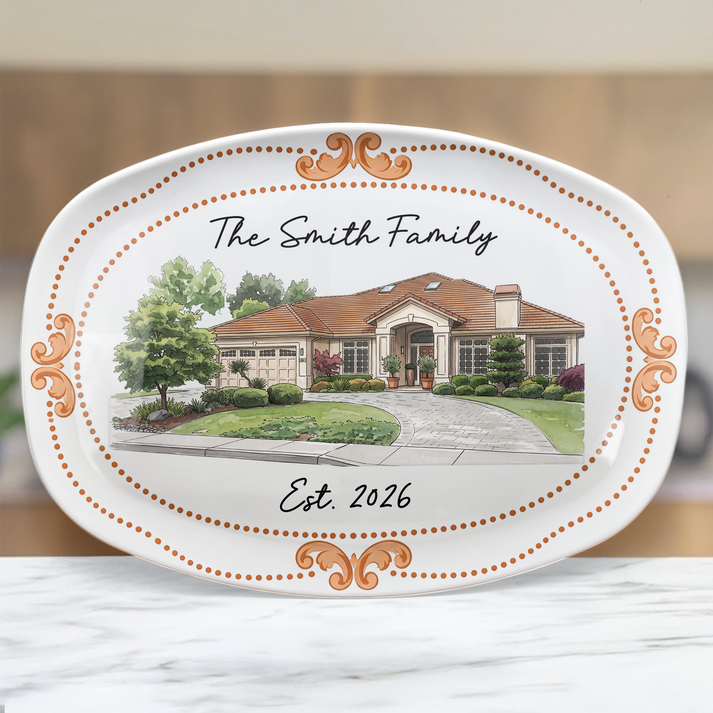 Custom Photo New House Watercolor Art - Personalized Platter - Gift For Family, Housewarming Gift