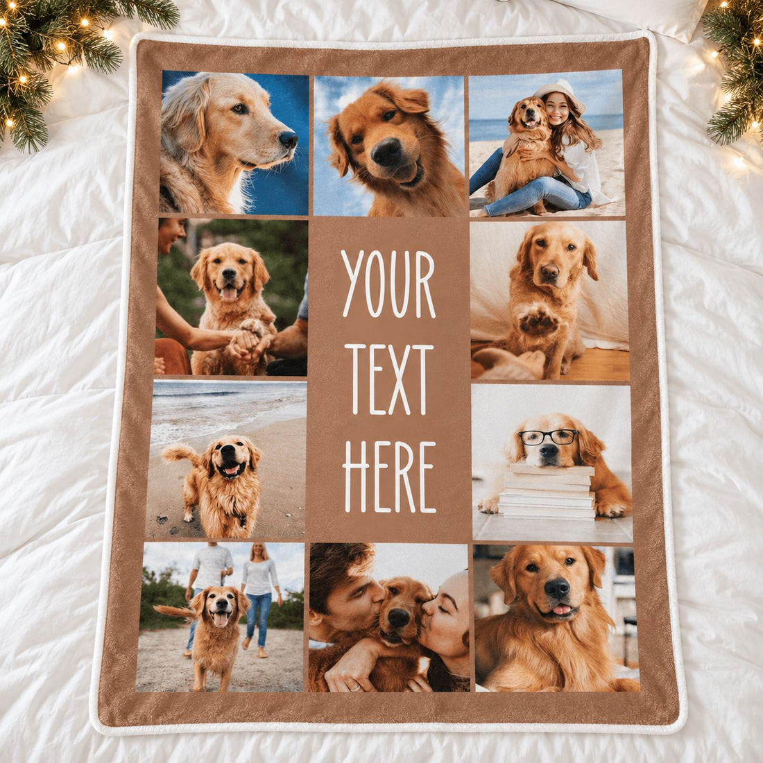 Custom dog photo collage blanket spread flat on a cozy bed with holiday greenery