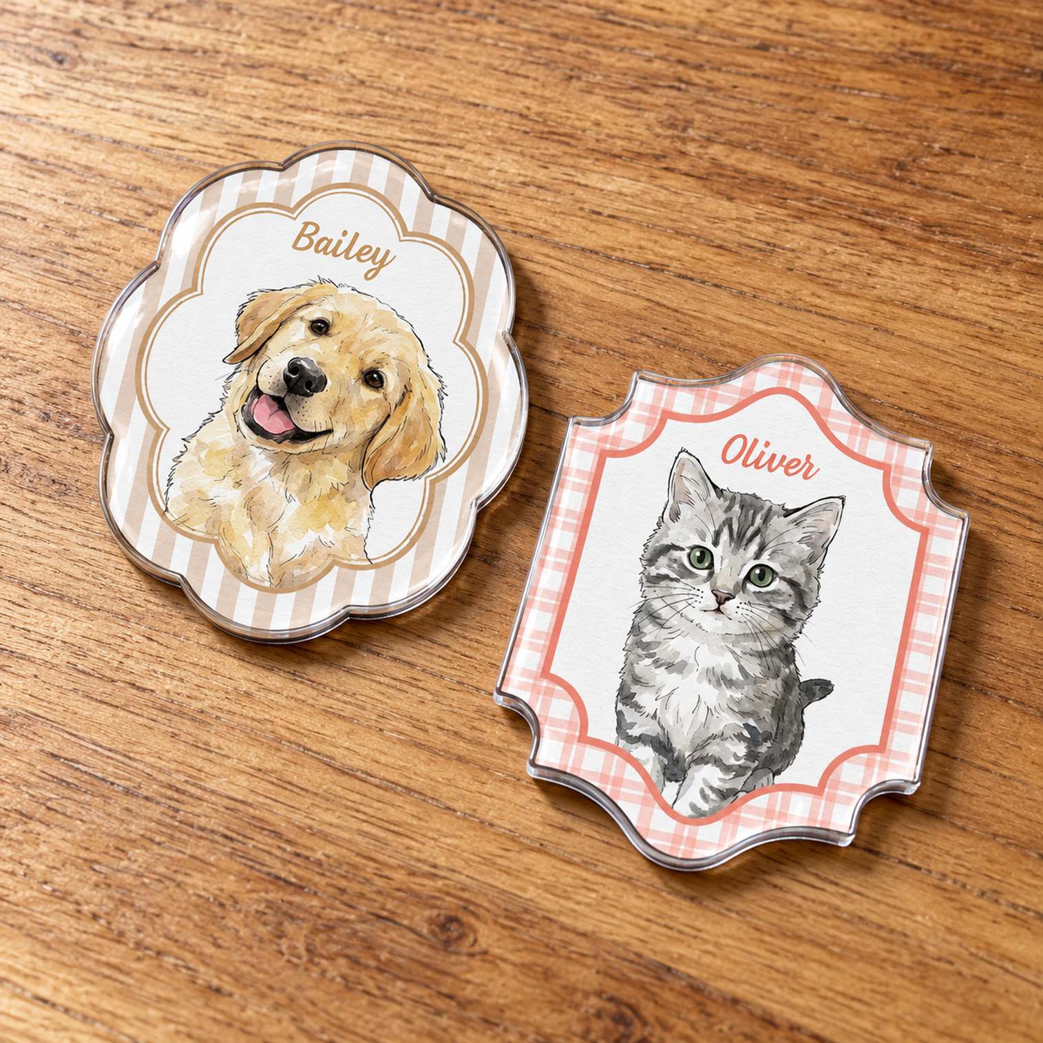 Close-up of custom watercolor pet portrait acrylic fridge magnets showing glossy finish and cut edges
