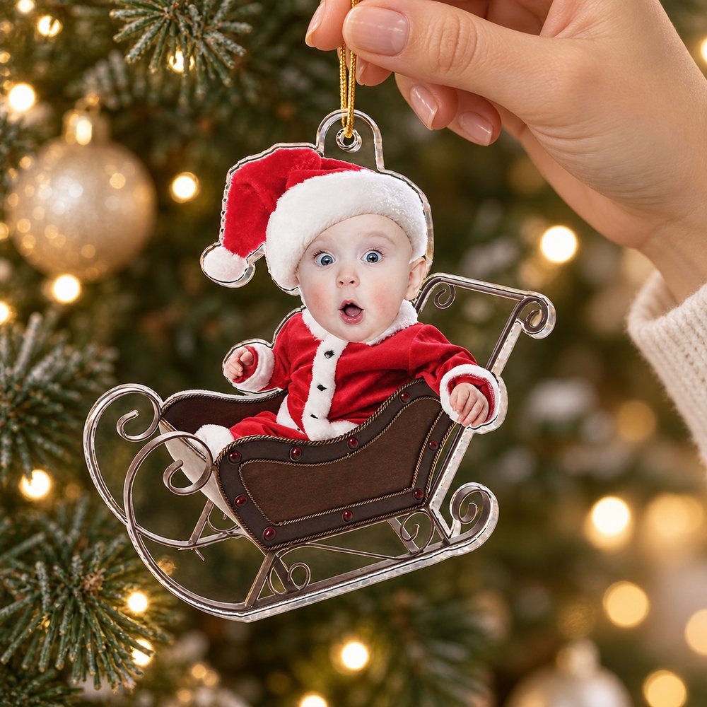 Hand holding the 3.5 inch custom photo baby sleigh acrylic ornament to show size