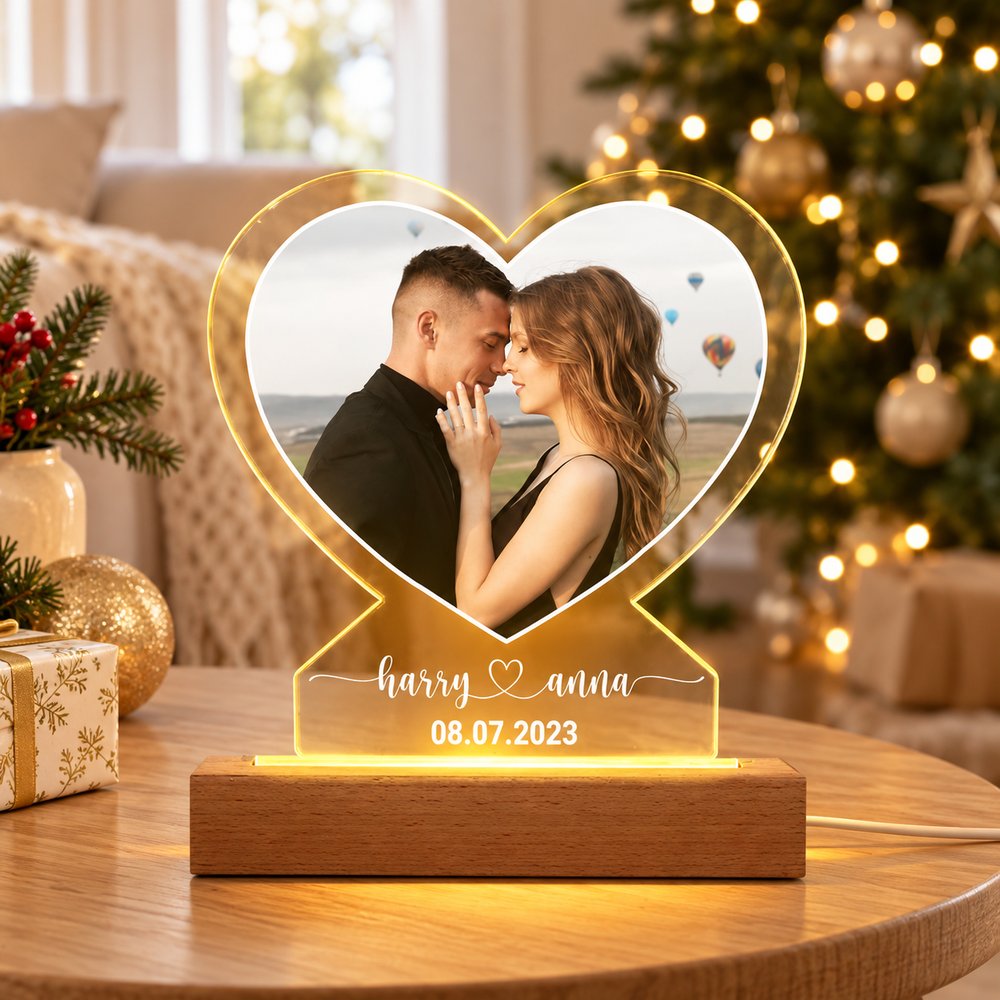 Personalized heart photo 3D LED light wooden base on side table by Christmas tree