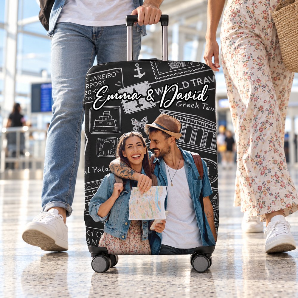 Custom photo luggage cover for couples rolling through a bright modern airport terminal