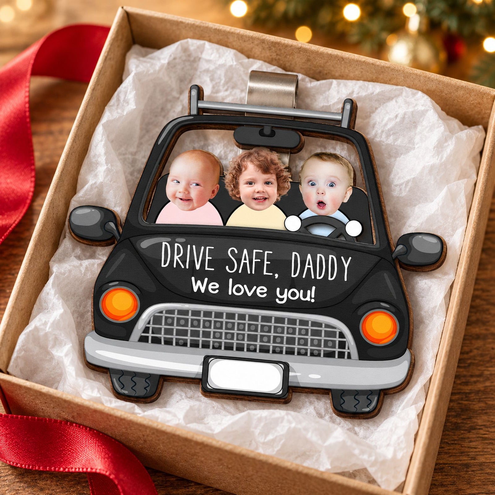 Drive Safe Daddy custom photo car visor clip in an open gift box for Christmas or Fathers Day