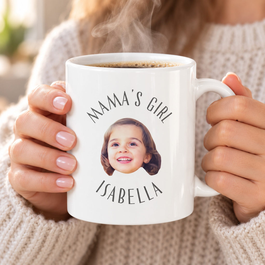 Woman holding custom toddler face photo mug with steam rising in bright light