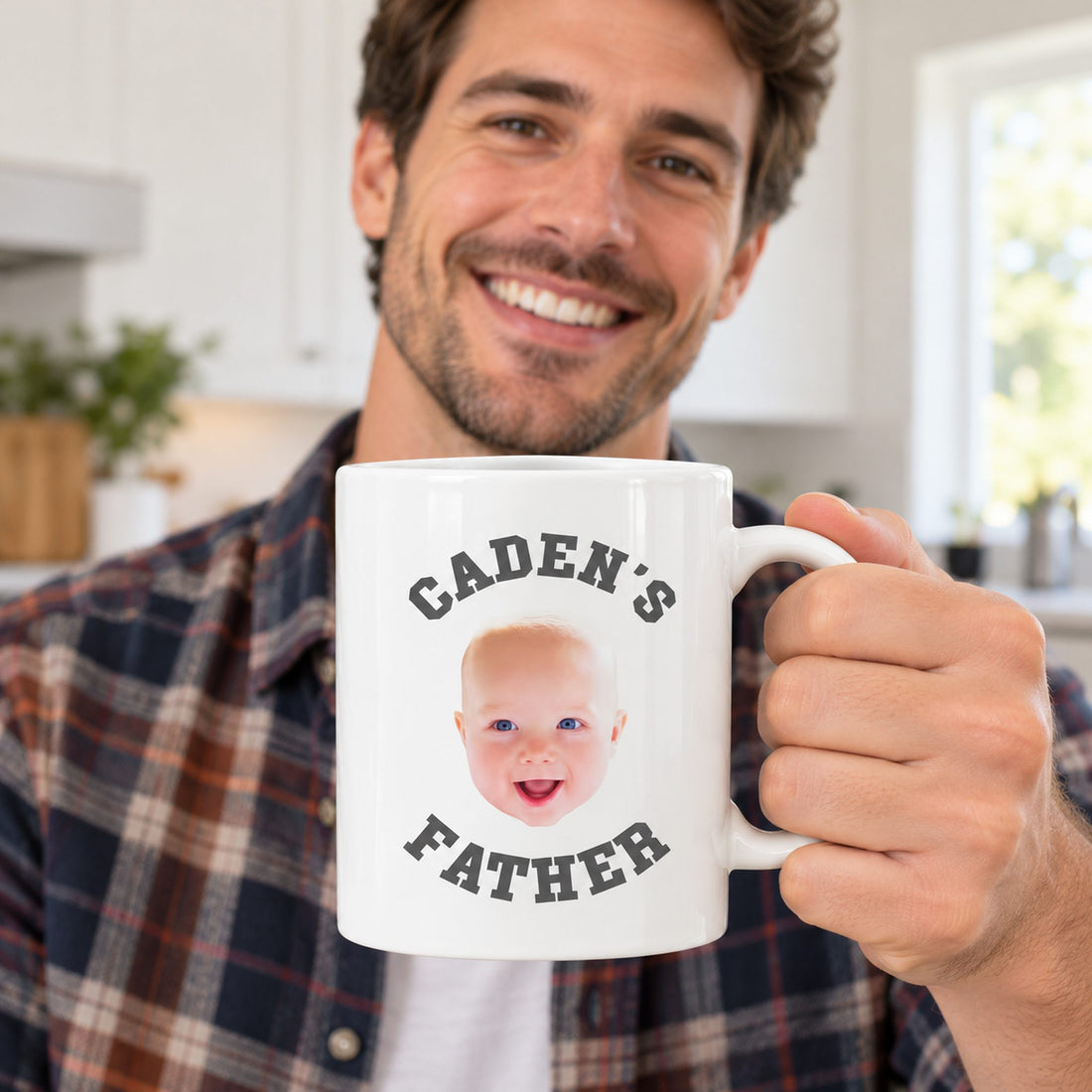 Dad smiling while holding personalized Caden's Father baby face ceramic mug