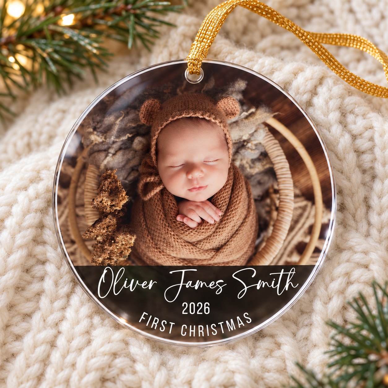Personalized baby photo acrylic ornament lying flat on a cream knit blanket with pine greenery