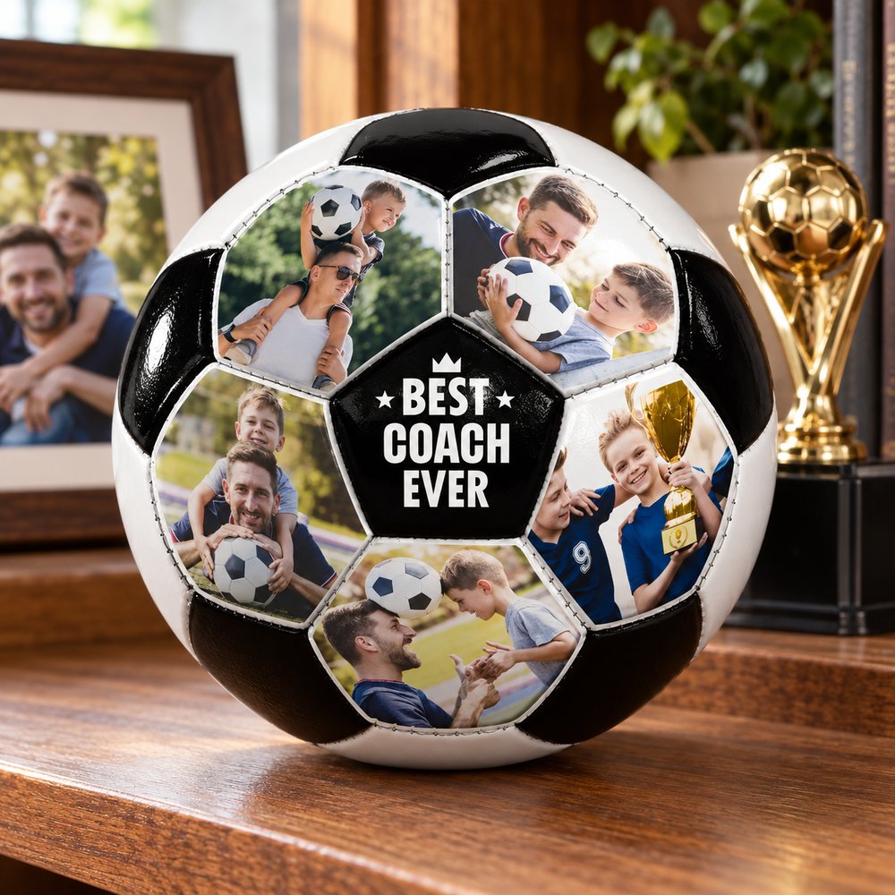 Custom Best Dad Ever photo soccer ball displayed on a home shelf with trophy