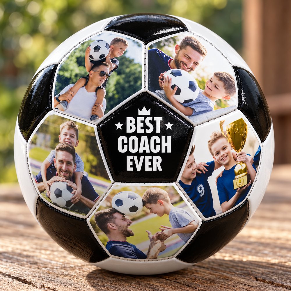 Close up detail of stitched panels and print on personalized photo soccer ball