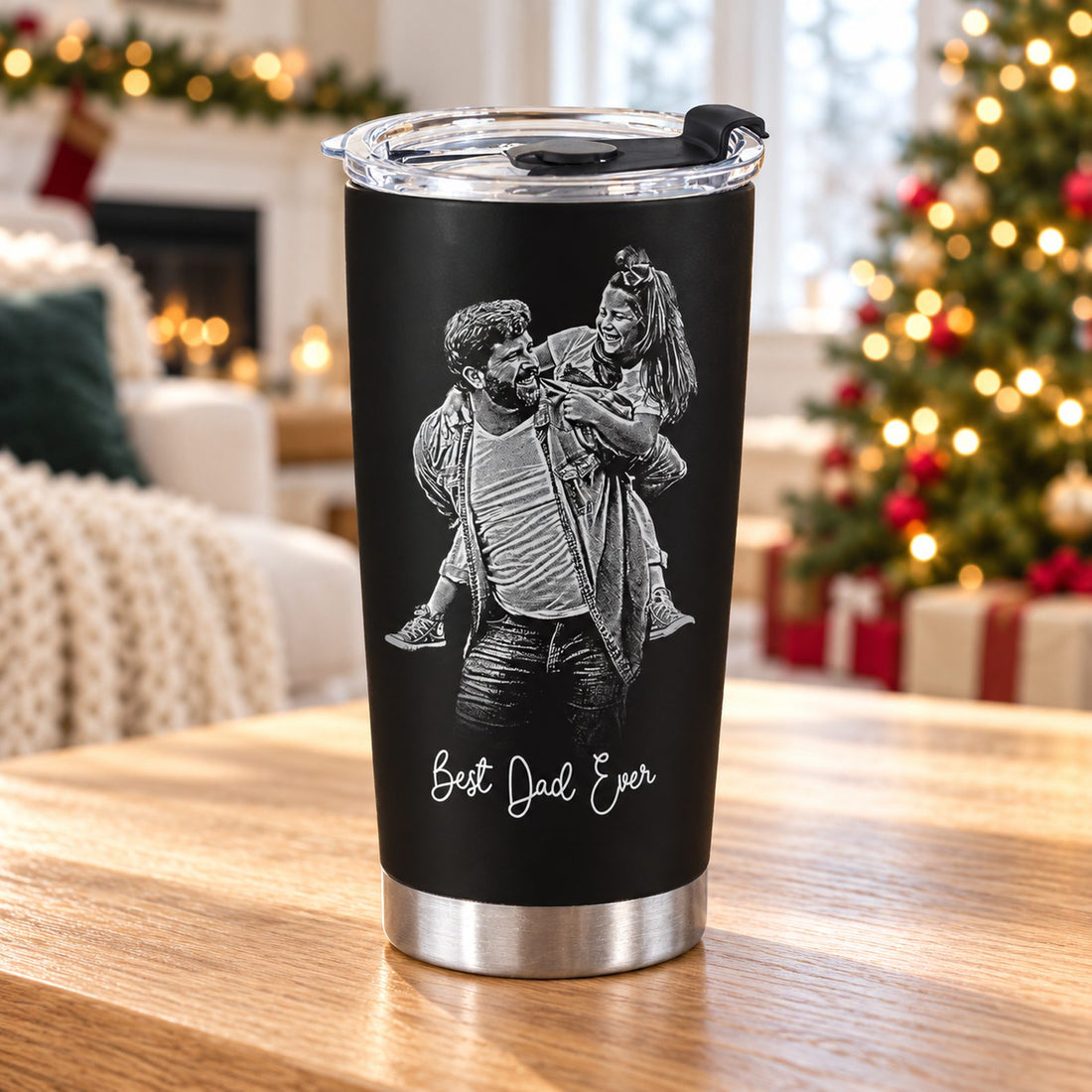 Custom photo Best Dad Ever 20oz fat tumbler on coffee table near Christmas tree