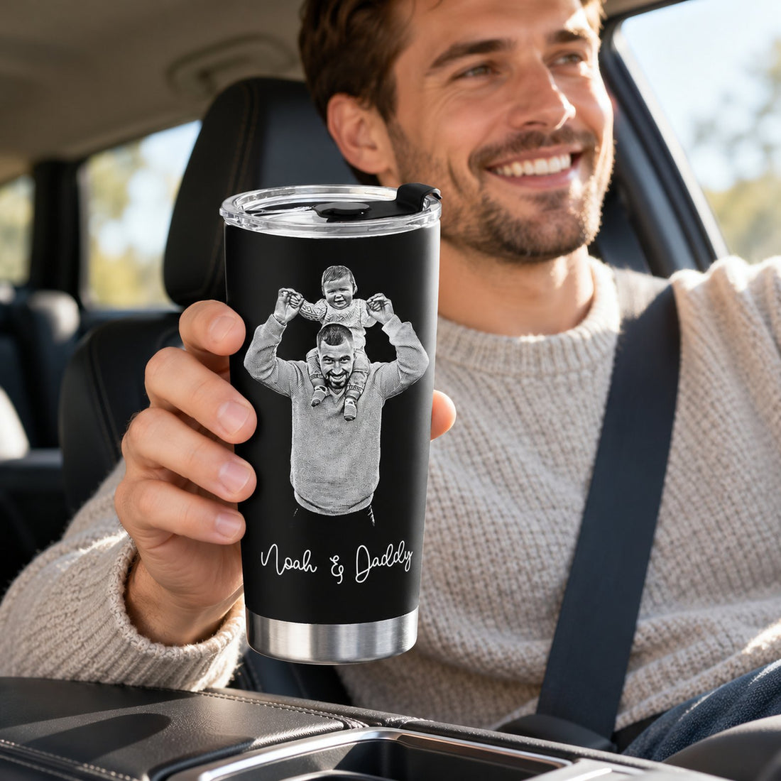 Dad holding personalized photo 20oz fat tumbler inside car near cup holder