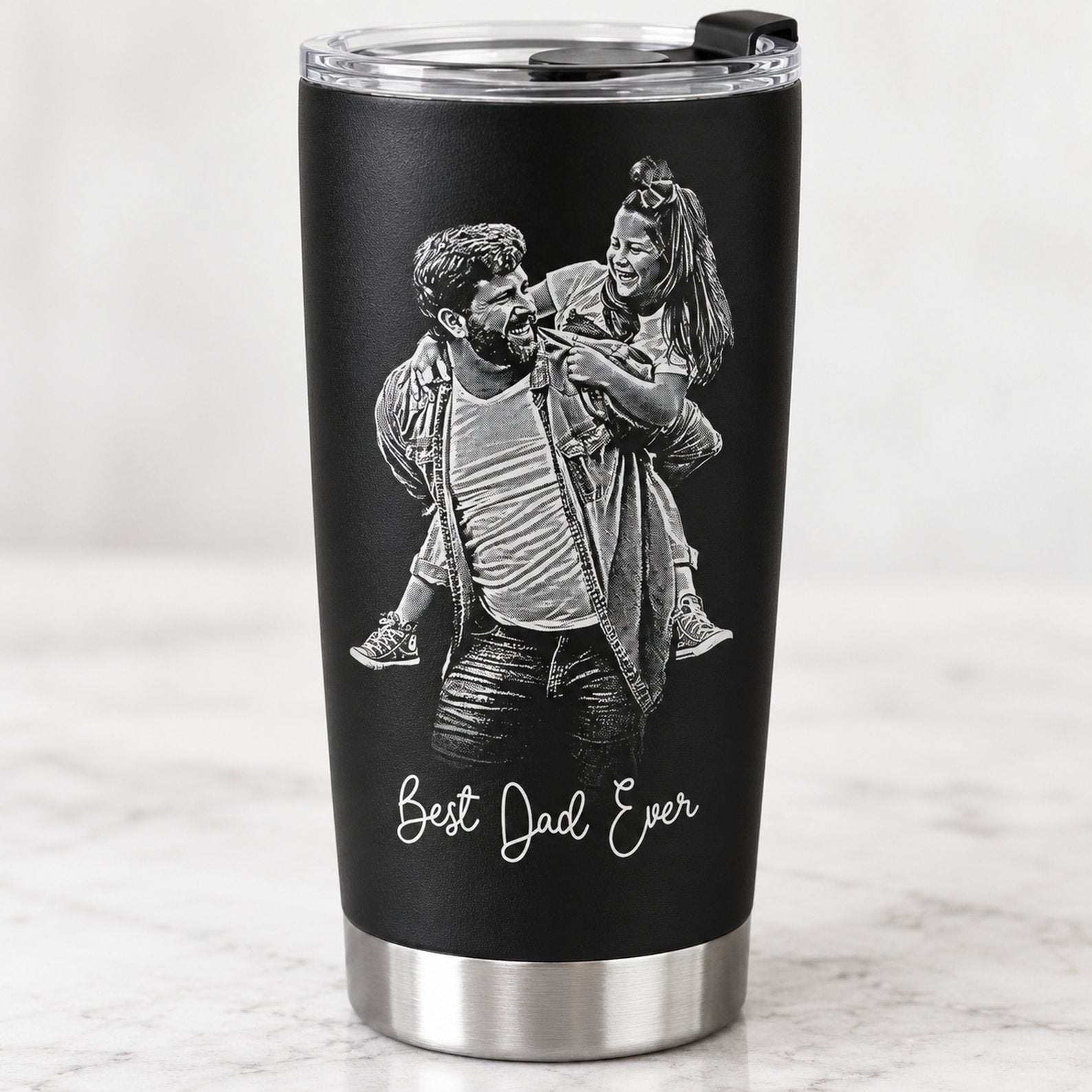Close up detail of custom photo sketch print and brushed steel base on 20oz tumbler