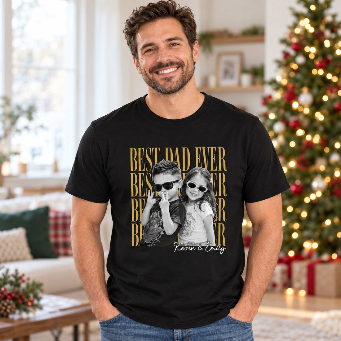 Dad wearing black Custom Photo Best Dad Ever personalized t-shirt in a bright holiday living room