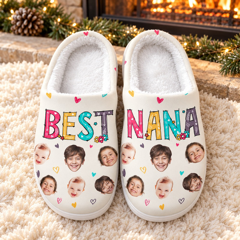 Custom Best Nana photo slippers on a cozy rug by a holiday fireplace