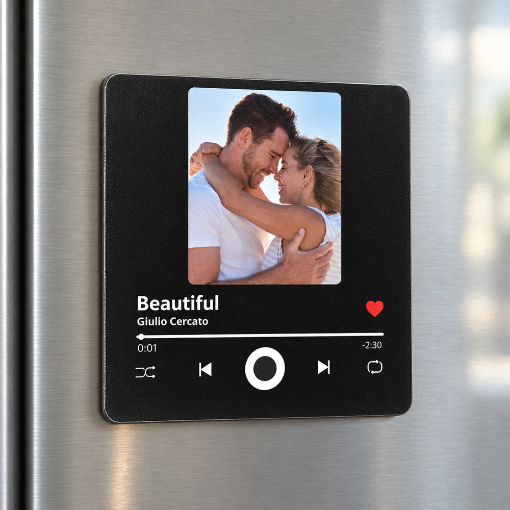 Macro close-up of the acrylic music fridge magnet print texture and music player icons