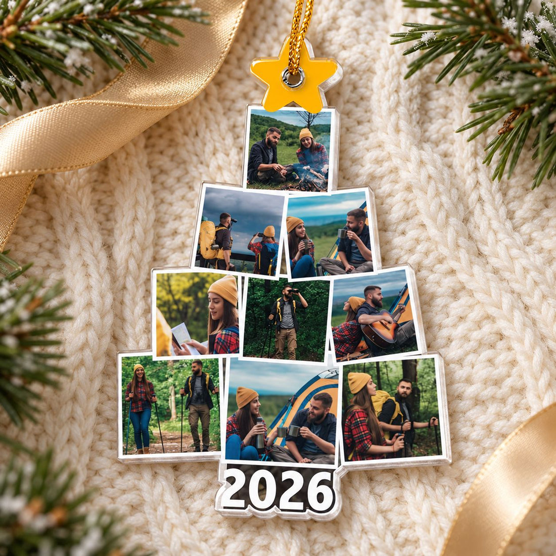 Couple in flannel holding personalized camping Christmas tree photo ornament near holiday tree