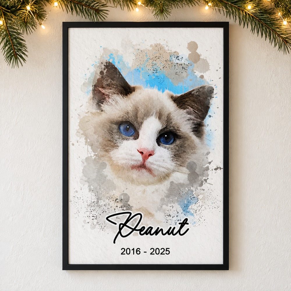Personalized pet memorial canvas print Peanut cat portrait hanging on wall with holiday garland