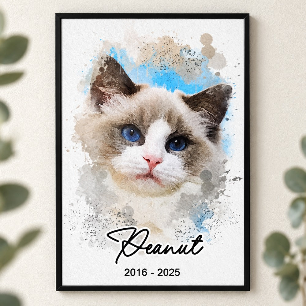 Custom watercolor cat portrait poster displayed on a bright neutral wall