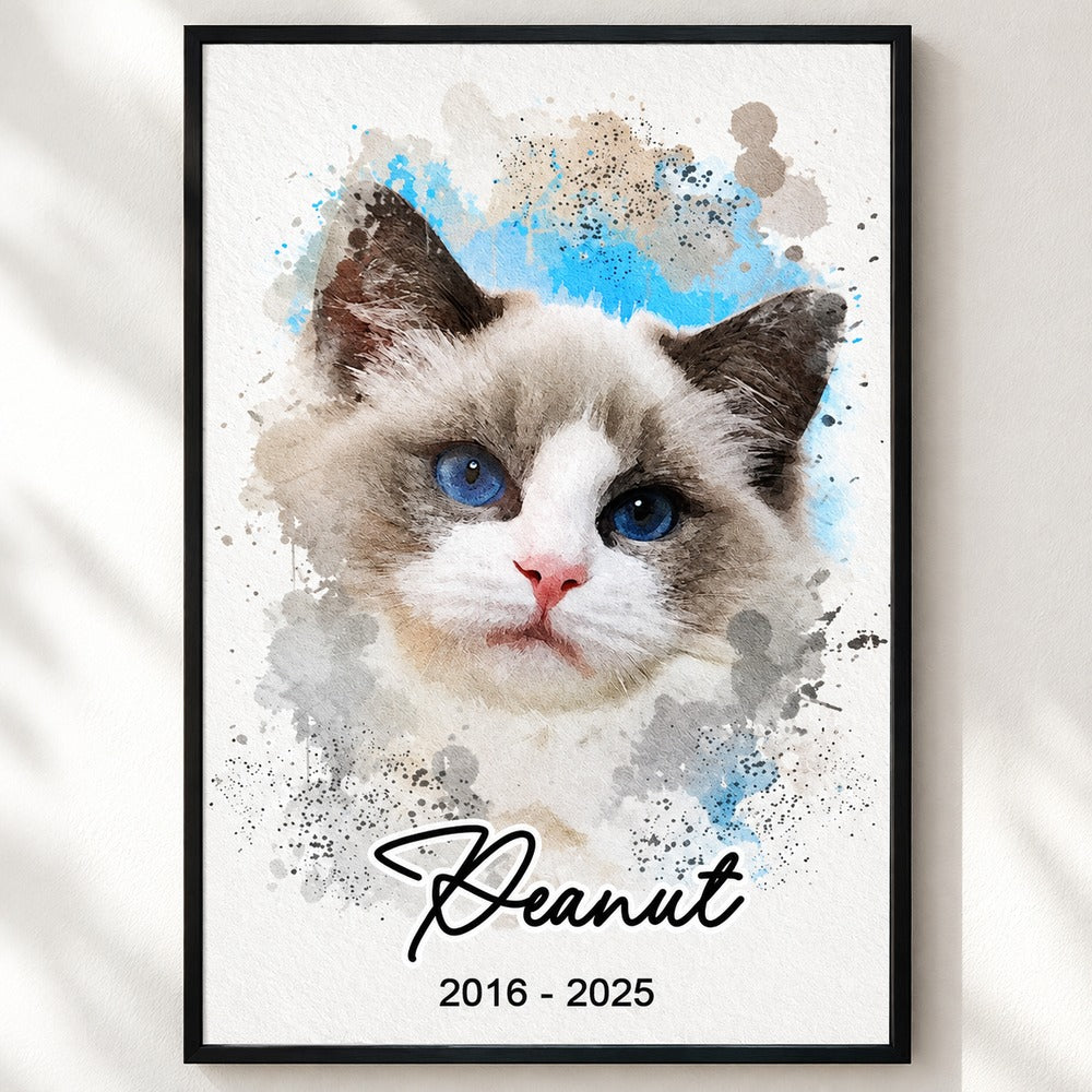 Close up detail of watercolor cat portrait print texture and custom script lettering