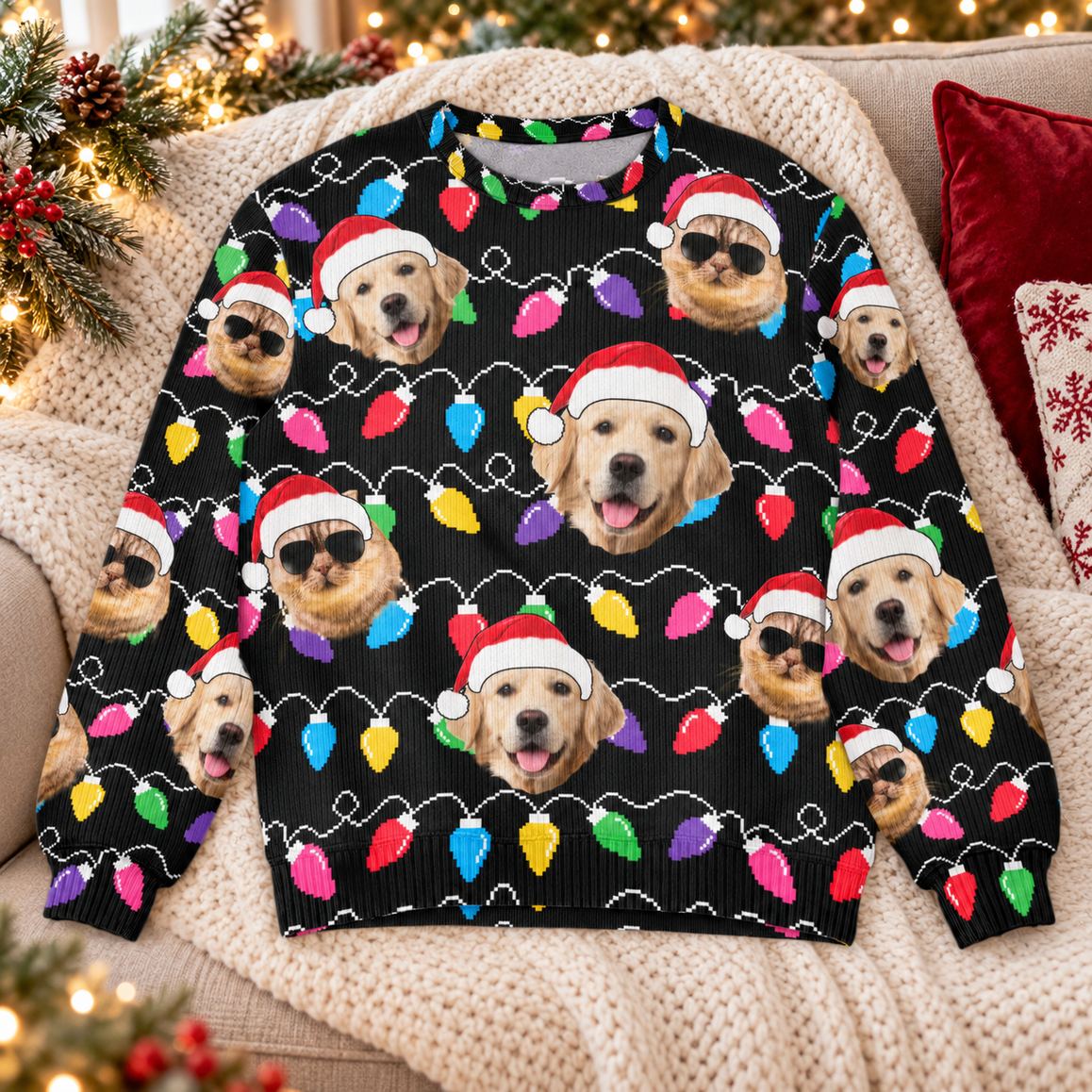 Personalized pet face Christmas ugly sweatshirt laid flat on cozy holiday sofa with pine garland
