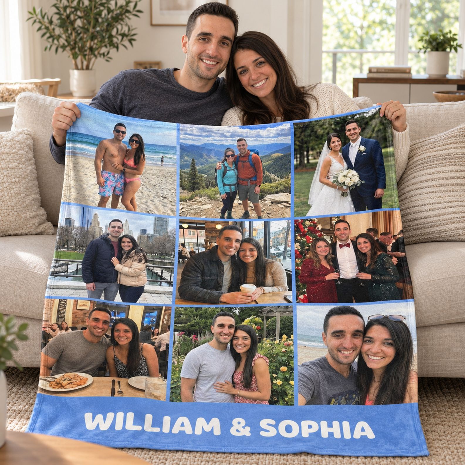 Couple sitting on a couch wrapped in their personalized photo collage fleece blanket