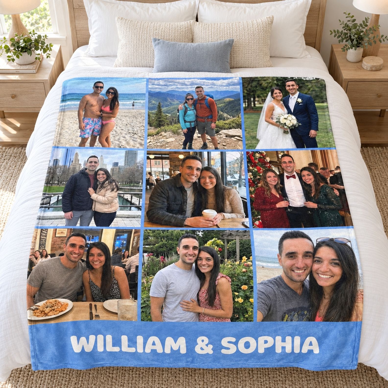 Full size custom photo couple blanket spread across a queen bed showing scale