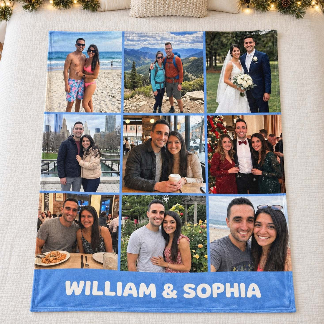Custom photo couple blanket spread flat on a bed with holiday garland