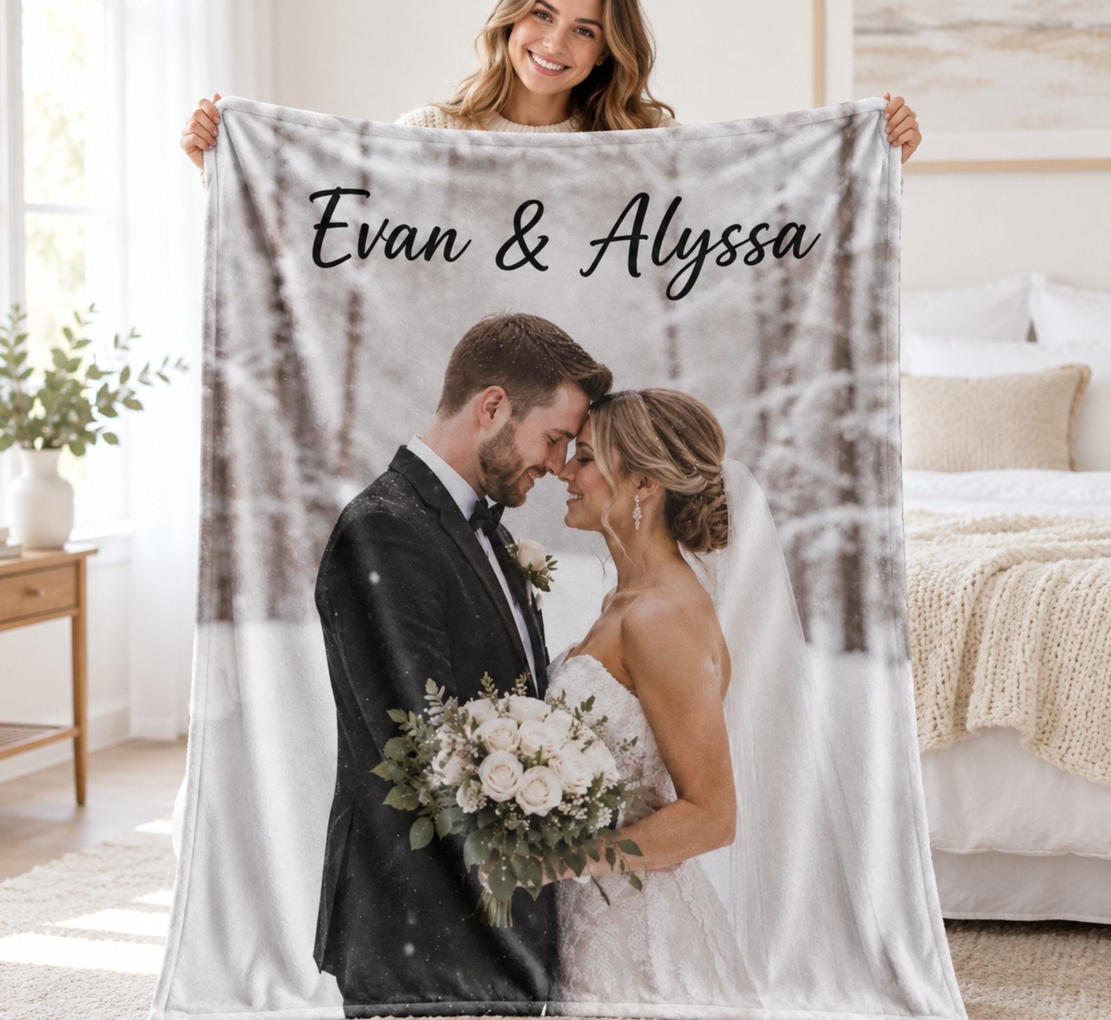 Wife happily holding her Custom Photo Couple Blanket in a bright bedroom