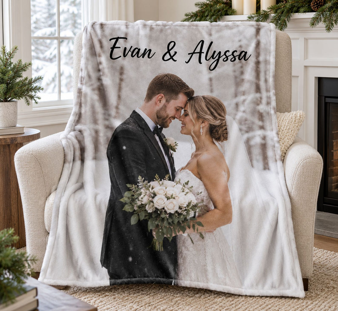 Custom Photo Couple Blanket on an armchair beside a holiday fireplace mantel
