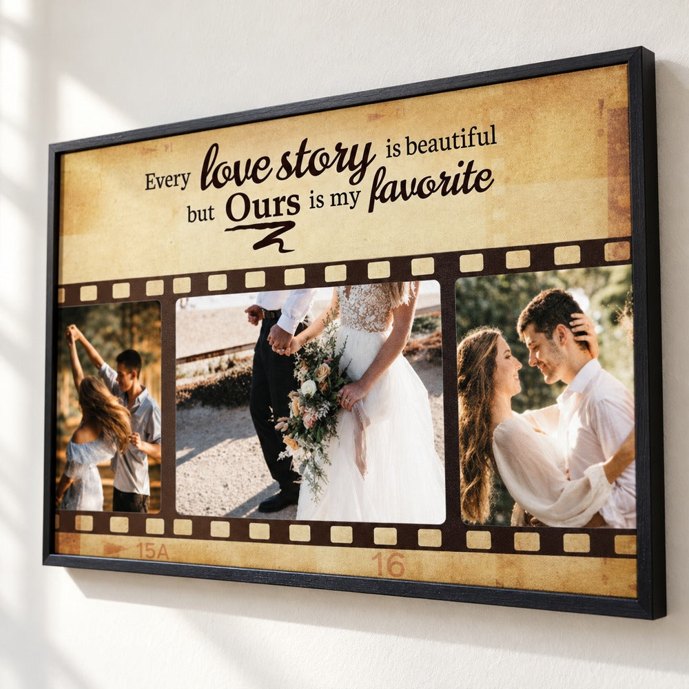 Close up detail of personalized couple film strip poster print texture and typography