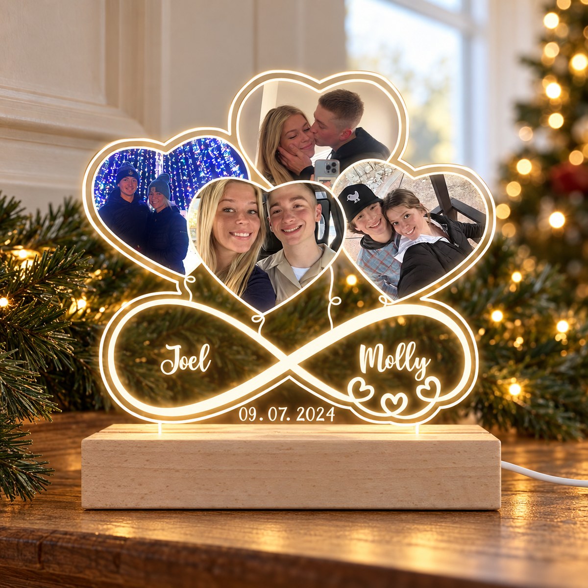 Custom photo couple infinity heart balloons 3D LED light on holiday mantel