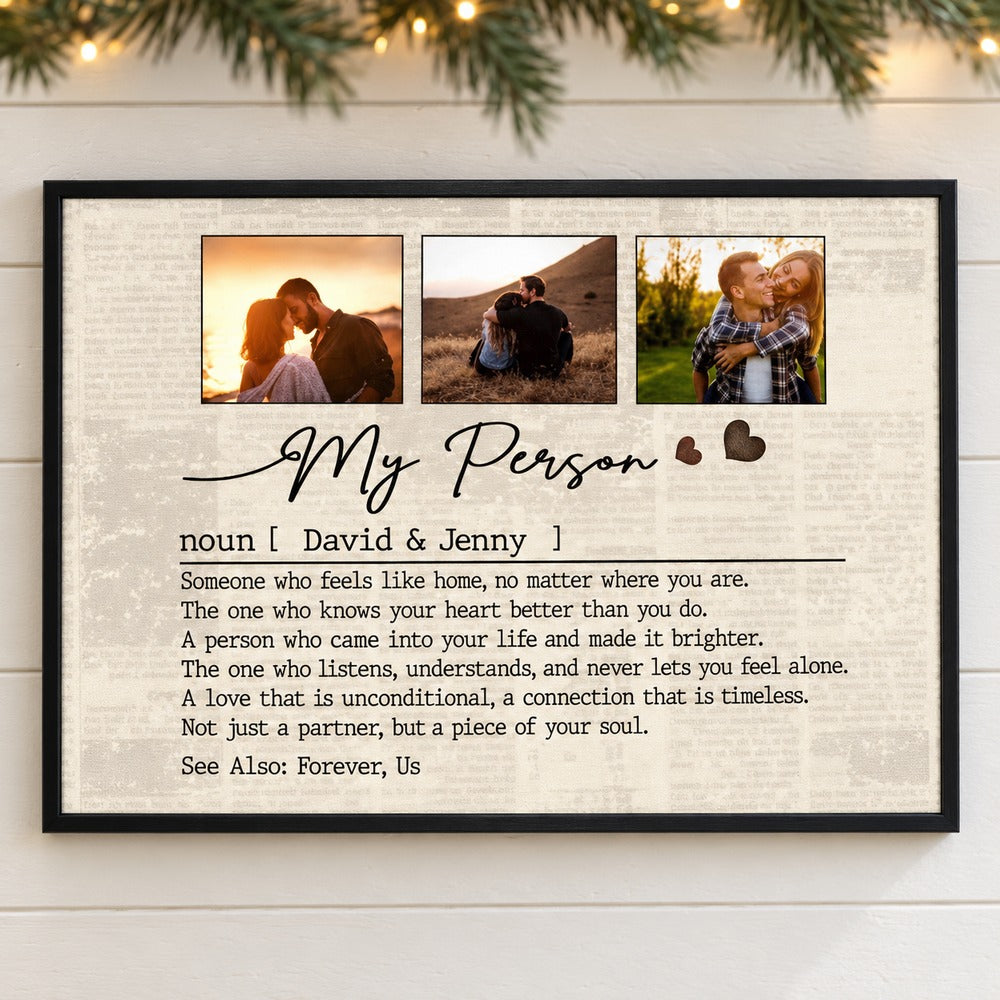 Custom Photo Couple My Person framed print on a wall with soft holiday greenery and fairy lights