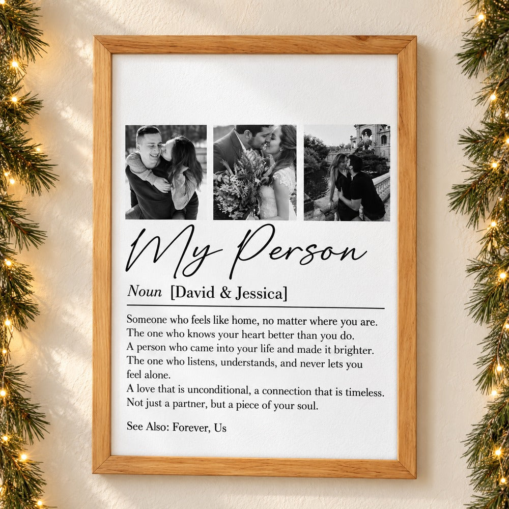 Custom My Person definition couple photo framed poster hanging on wall with holiday garland