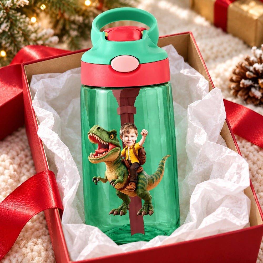 Personalized kids water bottle with straw in holiday gift box with ribbon
