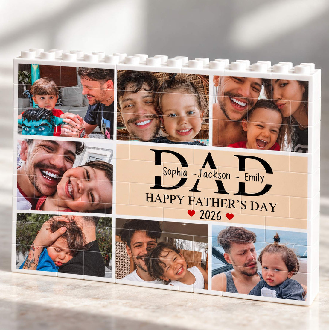 Macro close-up of Custom Photo Dad Brick Puzzle showing printed brick seams and kids names