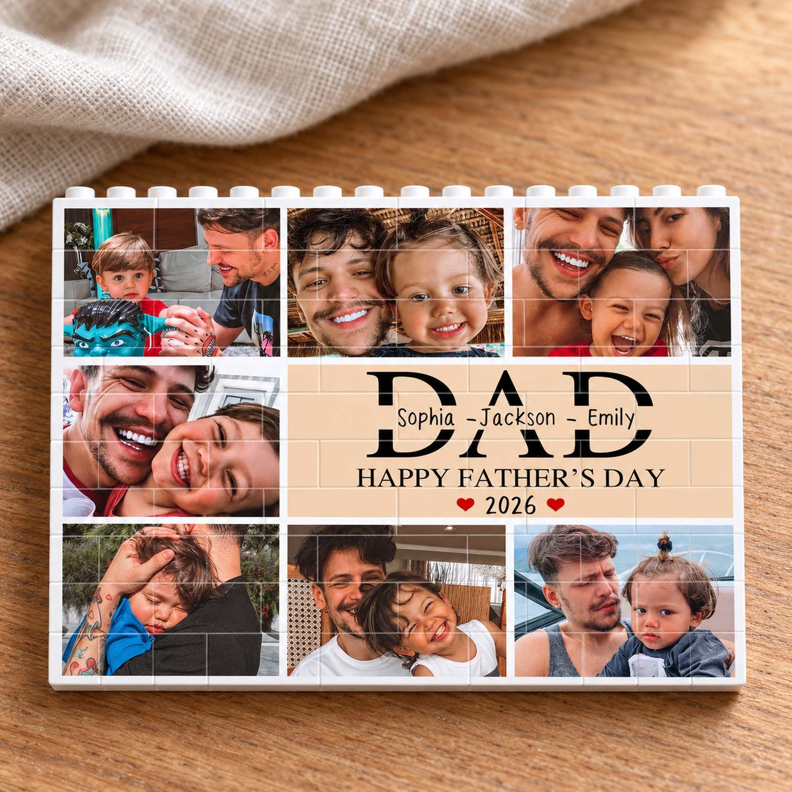 Personalized Dad building brick photo puzzle lying flat on natural wood surface
