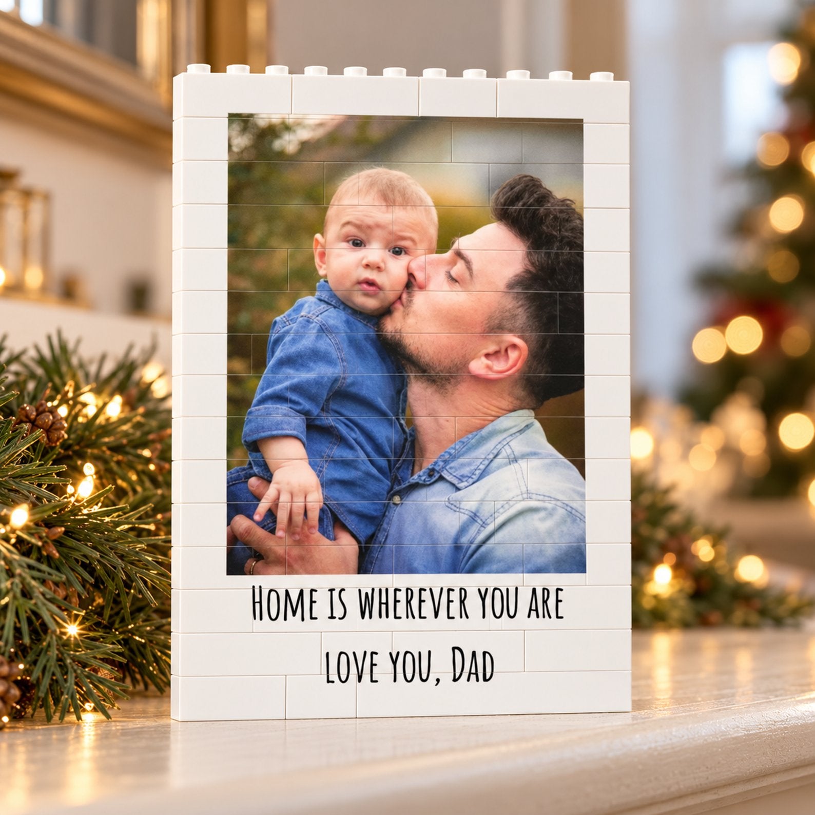 Personalized Father's Day building brick photo block displayed on a holiday mantel
