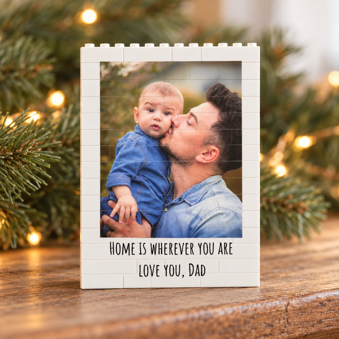 Custom photo dad and kid building brick puzzle standing on a holiday mantel with soft greenery