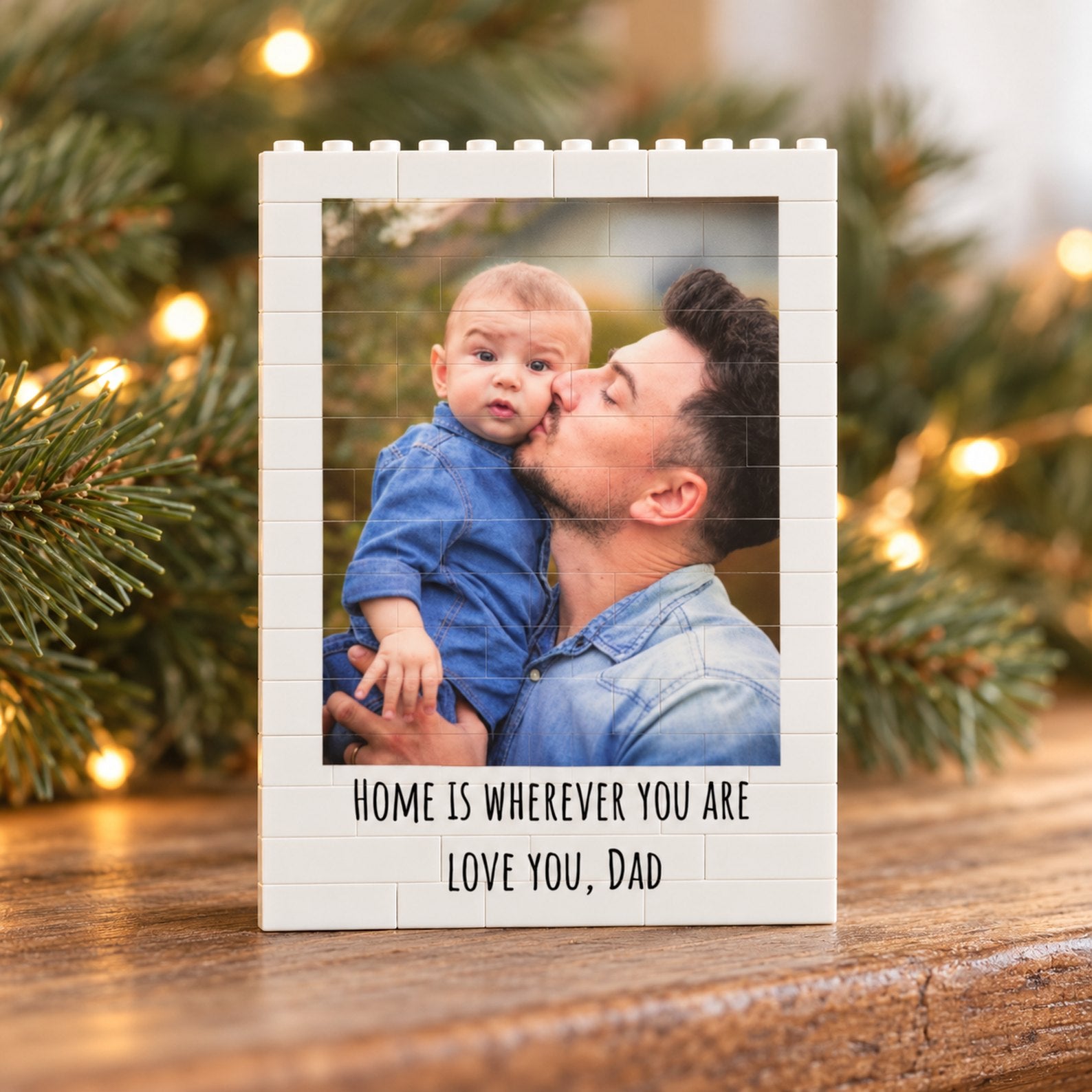 Custom photo dad and kid building brick puzzle standing on a holiday mantel with soft greenery